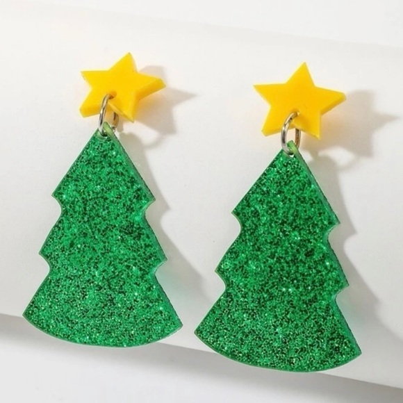 Boutique Glittery Christmas Tree Earrings Green Gold New with Tags - Picture 1 of 5